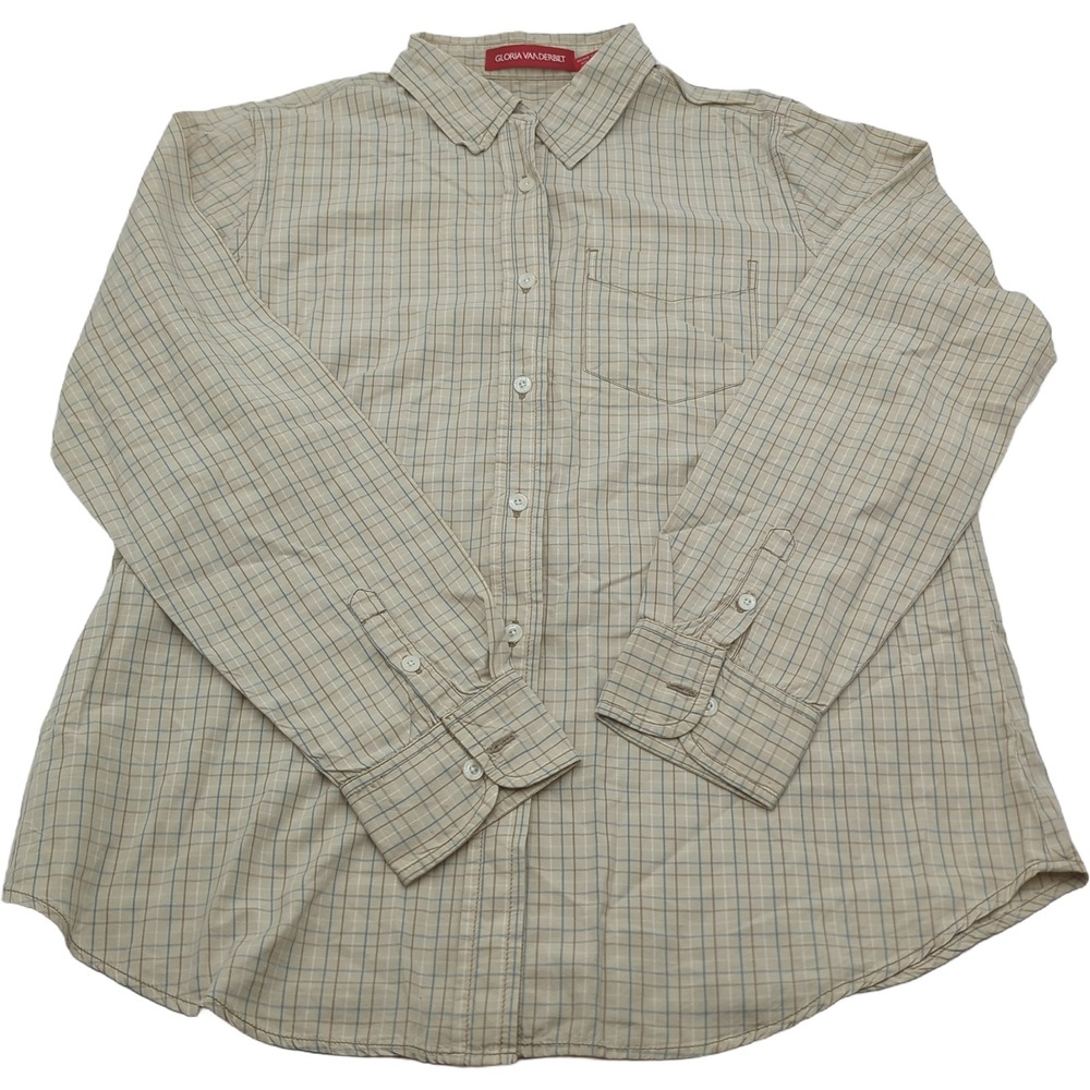 Gloria Vanderbilt Tan Blue Plaid Button Down Shirt Cotton Large Long Sleeve